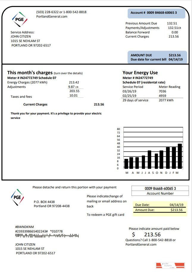USA Oregon PGE electricity utility bill template in Word and PDF format